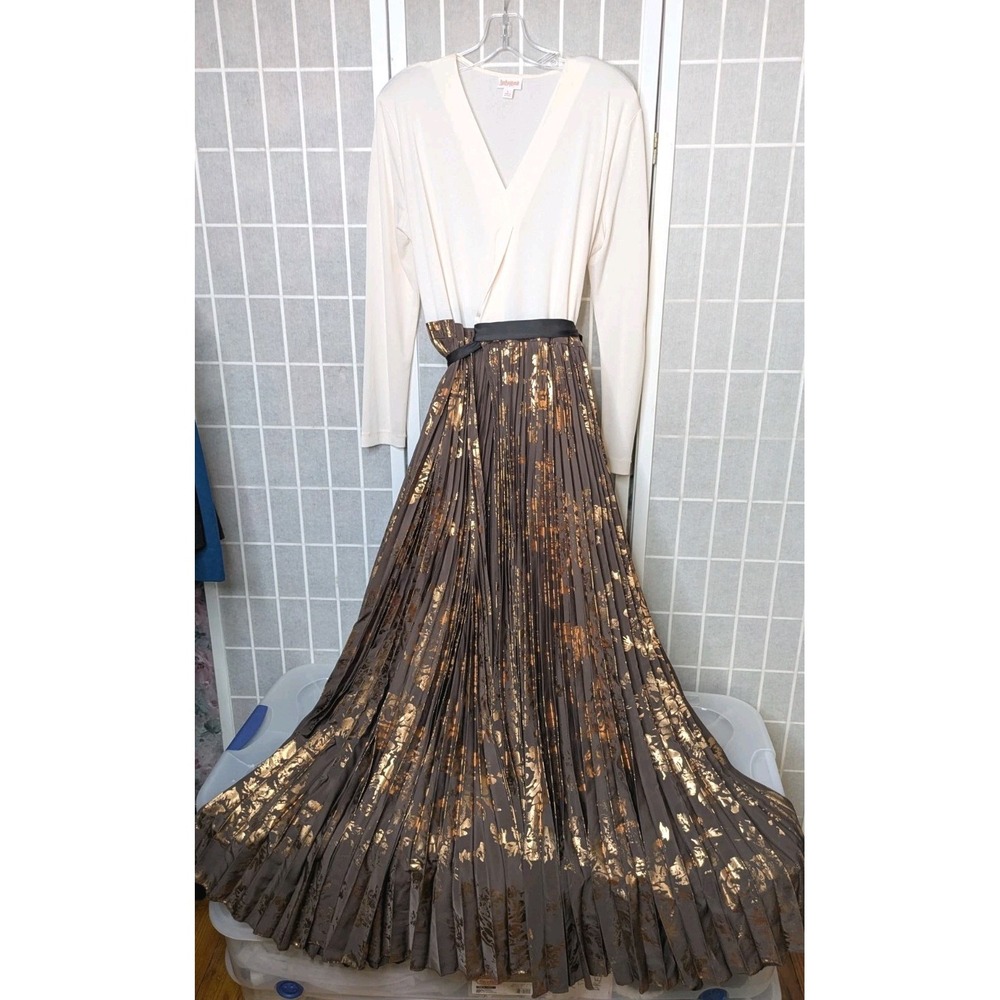 Elegant Cream Wrap Top with Brown Metallic Pleated Skirt Dress